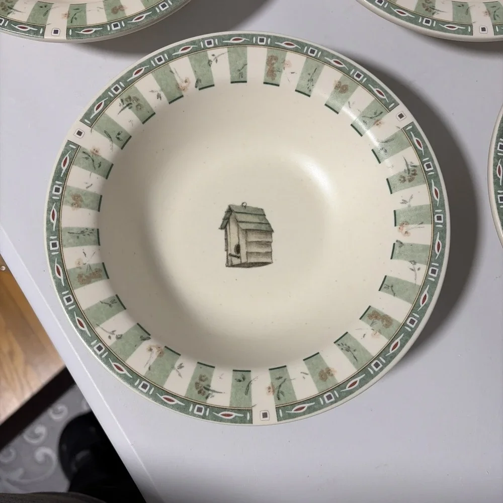 Pfaltzgraff Portfolio Naturewood Birdhouse Soup Cereal Bowls Set of 4 Green